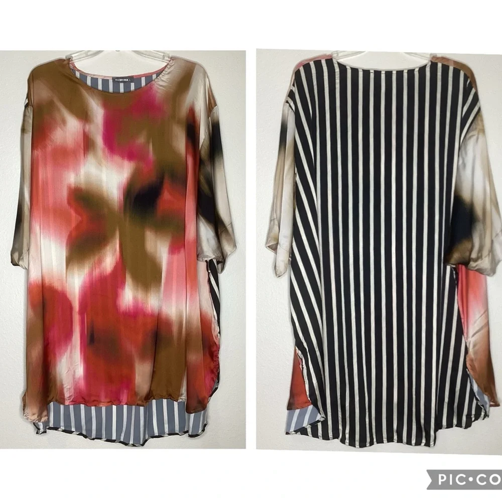 ALEMBIKA Butterfly Tunic Top Mixed Media Crush Satin Lg - Picture 1 of 8